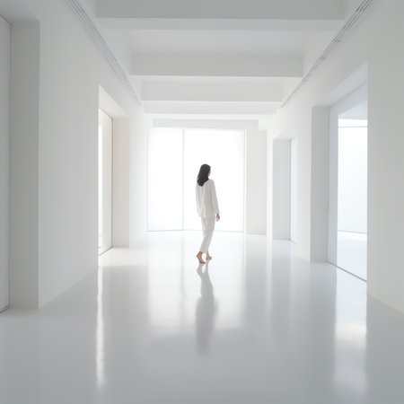 Blur focus of long white empty corridor in interior of entrance hall of modern apartments, office orの素材