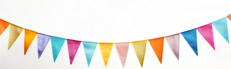 colorful pennant string decoration in green tree foliage on blue sky, summer party background templaの素材