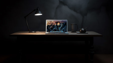 Modern dark wooden office desk at night under the warm light from table lamp with laptop computer, aの素材