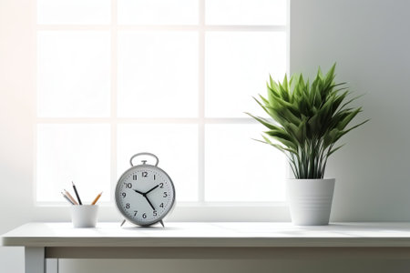 Comfortable workspace with potted plant, alarm clock, coffee cup and picture frame on white table. Cの素材