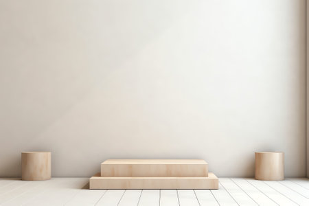 Minimalistic exhibition interior with two empty exhibition stands, and wooden floor. Presentation coの素材