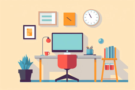 Home or office desk with pedestal drawer, casters chair, laptop computer, some paper files and bindeの素材