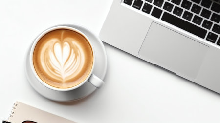 View from above with copy space, office table with notepad, keyboard and coffee cup.の素材