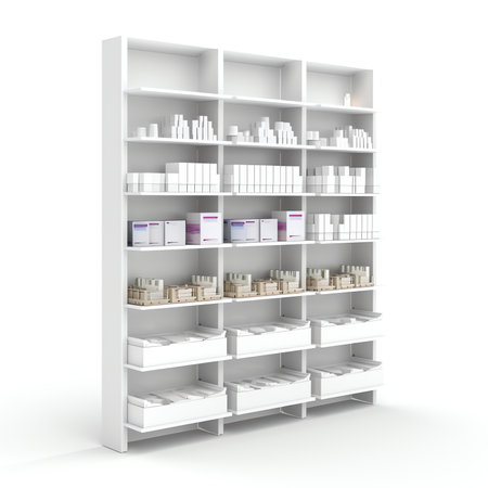 3D illustration. Modern shelves for store goods , boutique, shopping Mall showcase. Home furnitureの素材