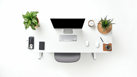 Office desktop with computer and accessories. Top viewの素材