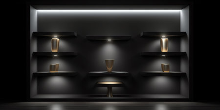 3D mockup of black empty cabinet with shelves on the wall. Kitchen furniture or bookshelf for officeの素材