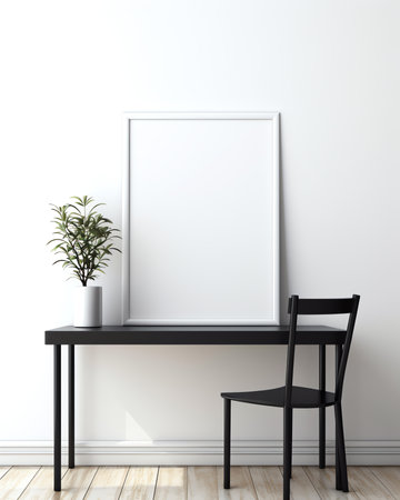 Studio photo of wood table and modern black chair isolated on white background.の素材