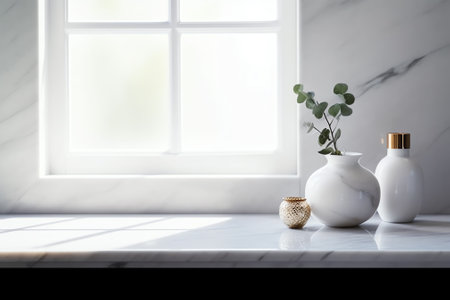 Marble table with window shadow drop on white wall background for mockup product displayの素材