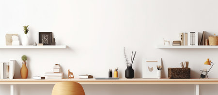 Comfortable workspace with books, office supplies and copy space on white wooden tableの素材