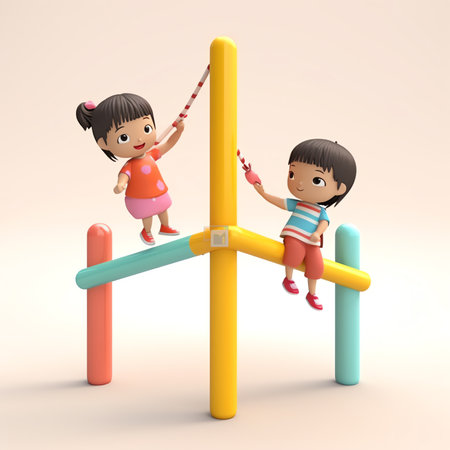 New modern plastic bright colorful blue and red empty toy seesaw swing on nursery playground with soの素材