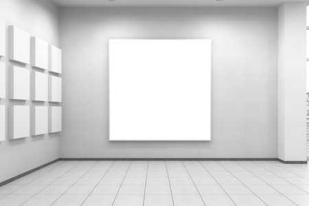 Gallery interior empty frames on wall. Art gallery empty interior, room with white walls, floor andの素材