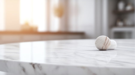 Marble stone table top (kitchen island) on blur kitchen interior background - can be used for displaの素材