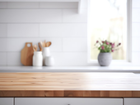 Wood table top on blur kitchen window background, panoramic banner - can be used for display or montの素材