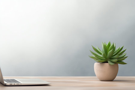 A grey work desk background image with a laptop, notebook, glasses, and mini artificial plants on itの素材
