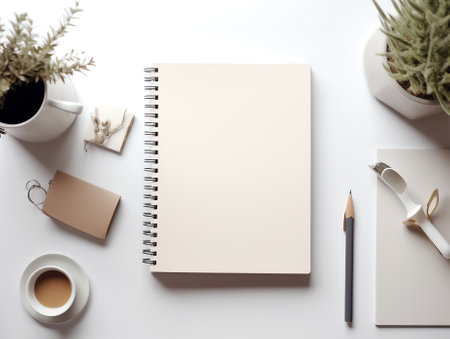 Mockup workspace desk and copy space books,plant and coffee on white desk.の素材