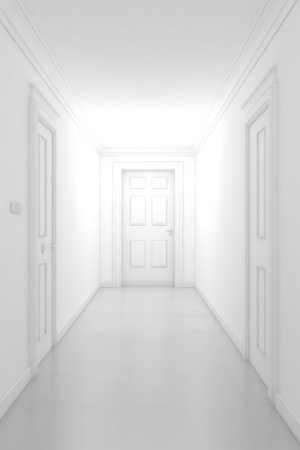 Empty narrow hallway with white walls and doors and beige laminated floor in houseの素材