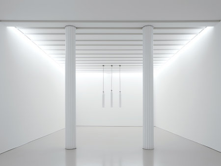 Empty white room with neon lights and white wallsの素材