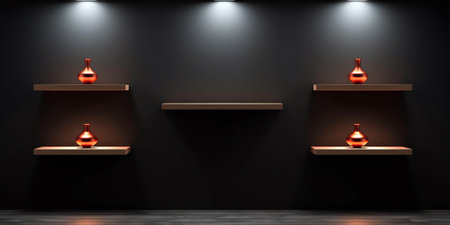 3D mockup of black empty cabinet with shelves on the wall. Kitchen furniture or bookshelf for officeの素材