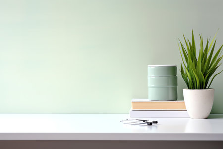 Home office desk office supplies, mug, boxes and dark green wall. Minimal workspace.の素材