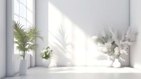 Abstract white studio background for product presentation. Empty room with shadows of window and floの素材