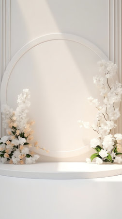 Abstact 3d render Natural background, White podium on the snow ground and flowers field, backdrop glの素材