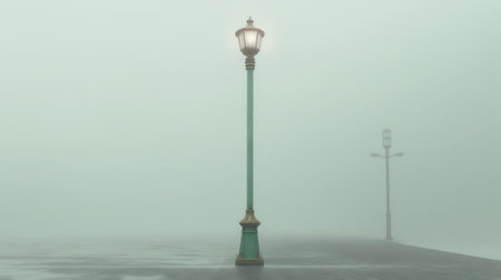 Lonely old fashioned streetlight beside empty walkway crossing foggy city park with tall green and yの素材