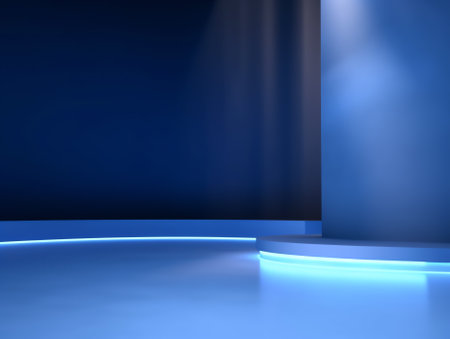 Abstract blue studio background for product presentation. Empty room with shadows of window. 3d roomの素材