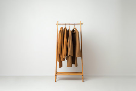 Stainless steel clothes rail with empty coathangers against a white wall, wooden floor.の素材