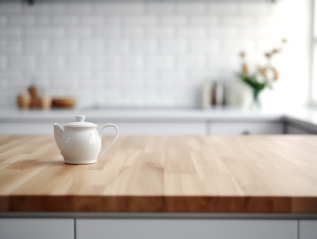Kitchen wooden table top and kitchen blur background interior style scandinavianの素材