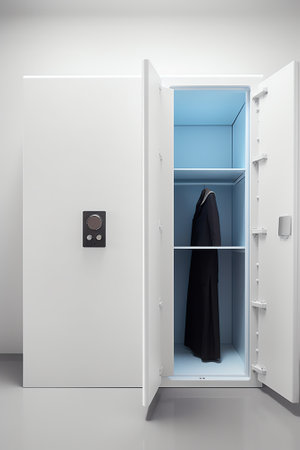 School, gym locker empty open door. Student storage cabinet, gray silver color with combination lockの素材