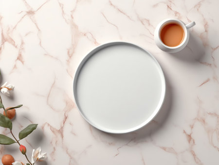 Food flatlay of empty plate on white marbleの素材