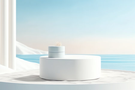 Two empty clear glass circle podiums on light blue transparent calm water texture with waves in sunlの素材