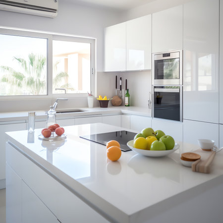 Interior of contemporary kitchen with white cabinets and built in oven metal range hood and fridge aの素材
