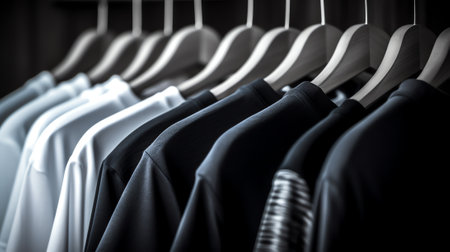 White empty hangers on a clothing rack. Selective focus.の素材
