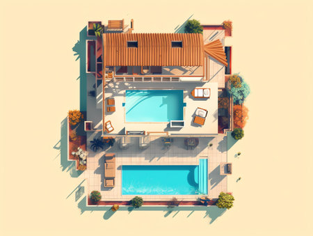 Modern villa with pool; top viewの素材