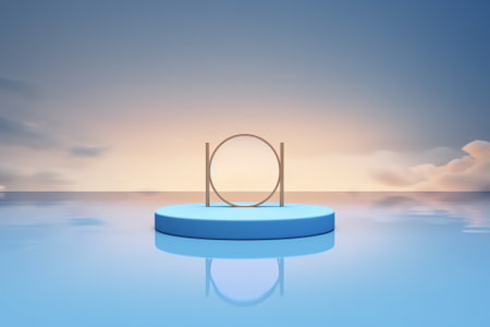 Abstract minimal nature scene - empty stage and circle podium on blue background with soft water wavの素材