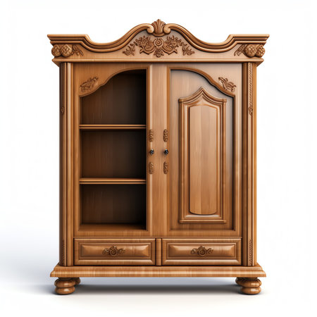 Empty open wooden wardrobe isolated on the white backgroundの素材