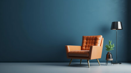 Modern living room has an armchair on empty dark blue wall background.3D renderingの素材