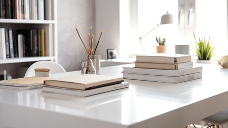 Cropped shot of white table with books, stationery and copy space in blurred study roomの素材
