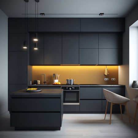 Corner view on dark kitchen room interior with empty grey wall, cupboard, sink, crockery, cooking deの素材