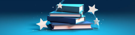 Minimal background for online education concept. Book and pencil on blue background. 3d rendering ilの素材