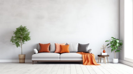 Comfortable couch with orange and red pillow in spacious living room interior, real photo with copyの素材