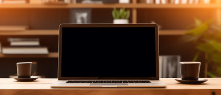 Office workplace with laptop on wooden table.の素材