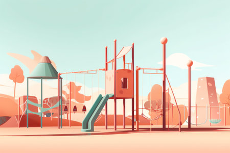 Kids playground in summer garden with swing, slide, sandbox. Play area in backyard with green lawn,の素材