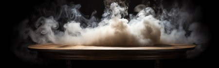 empty wooden table with smoke float up on dark backgroundの素材