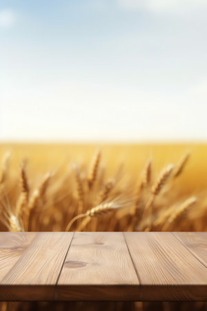 Wooden table top on blur rice field background in daytime.Harvest rice or whole wheat.For montage prの素材