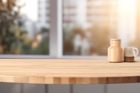 Wood table top (as kitchen island) on blur kitchen background - can be used for display or montage yの素材