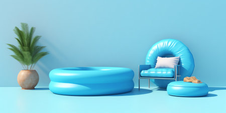 small round home outdoor swimming pool with blue water isolated on a blue background. layout or tempの素材