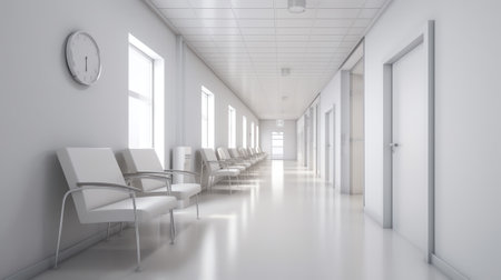Long hospital bright corridor with rooms and seats 3D renderingの素材