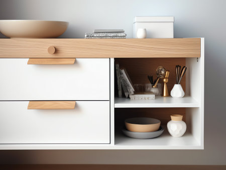 Top view of white empty open drawer of cabinet, cupboard or nightstand. Vector mockup of 3D renderedの素材